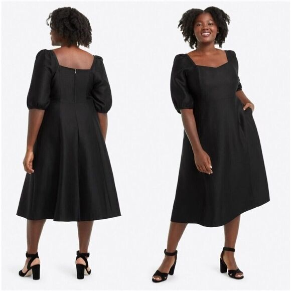Draper James Women's Black June Dress Puff Sleeve Silk Blend Midi Fit/Flare | 16 - Picture 1 of 11